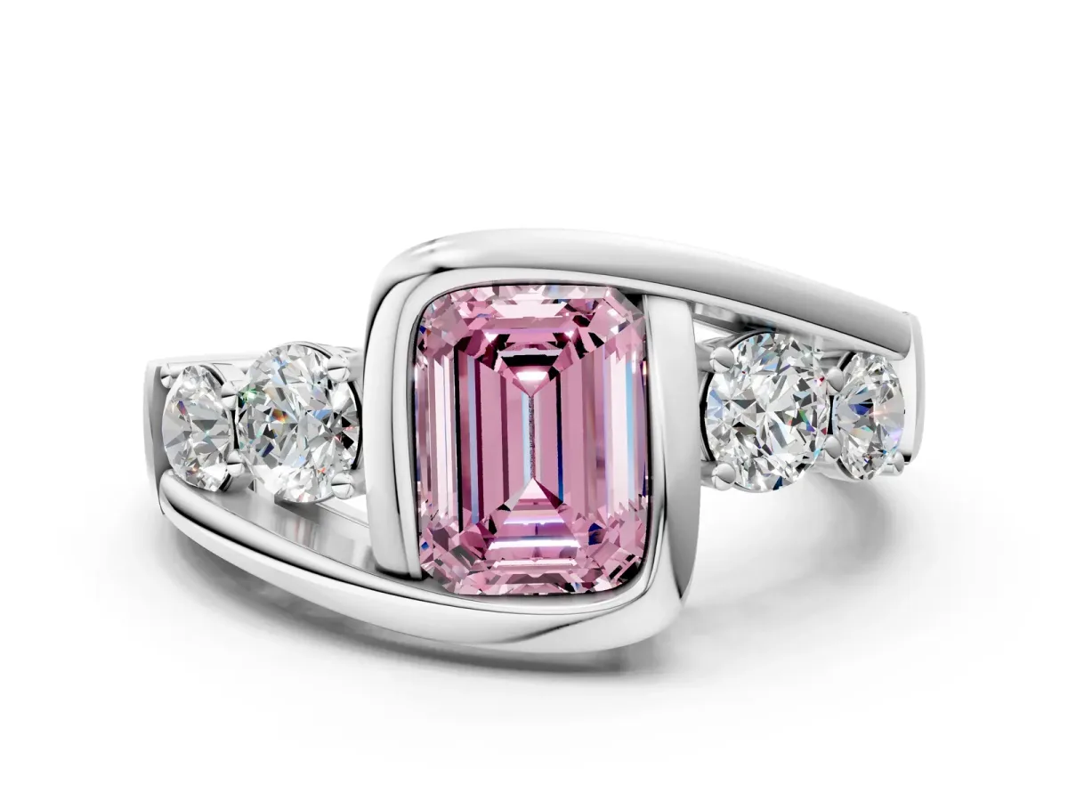 Fancy Pink Bezel Set Emerald Cut Diamond Bypass Ring with Round Accents Silver