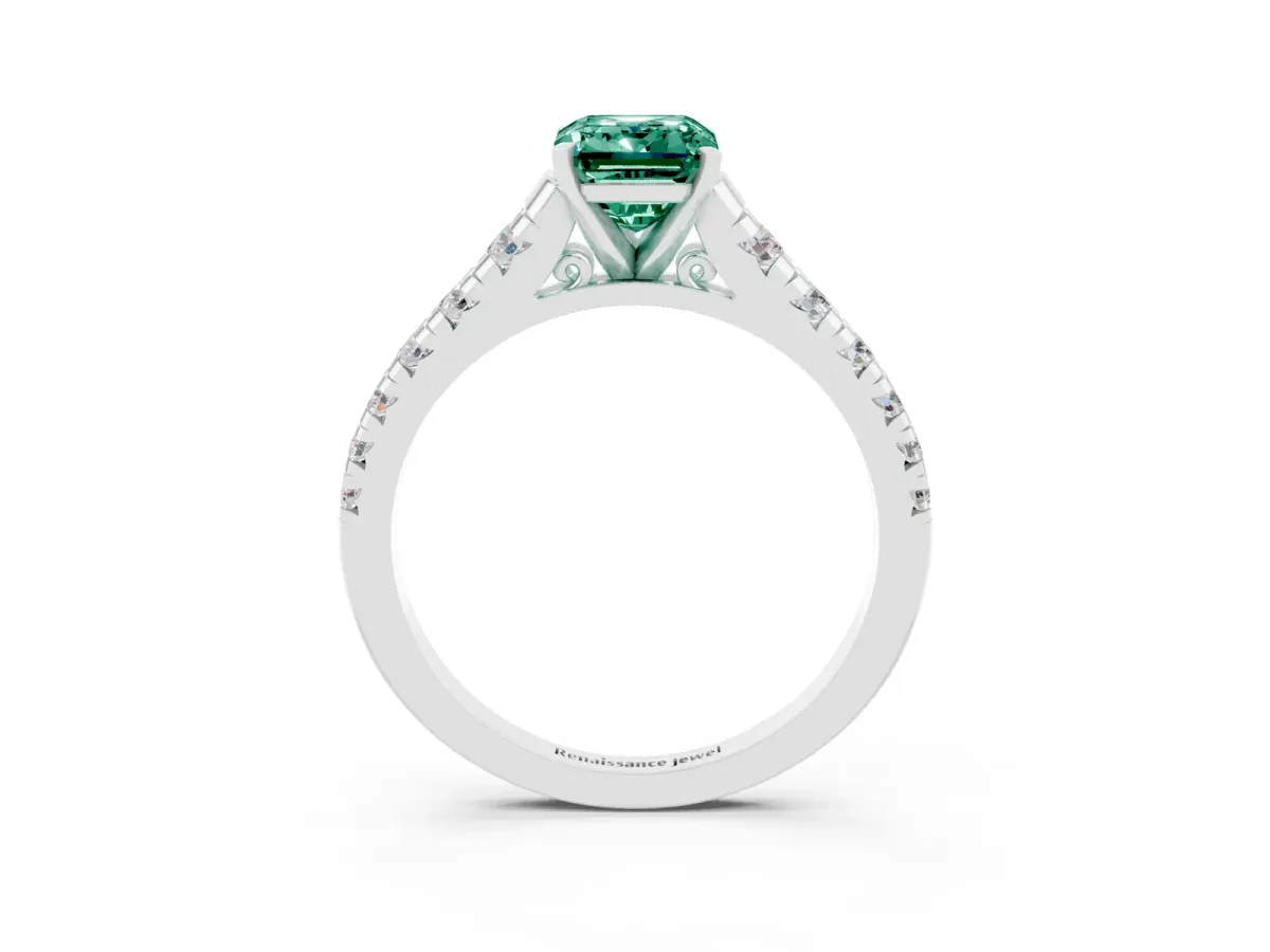 Emerald Cut Green Sapphire Cathedral Solitaire Ring with Round Pavé Band Platinum