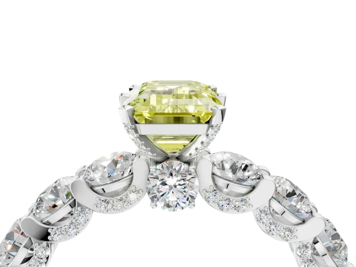 Fancy Yellow Emerald Cut Diamond Side Stone Engagement Ring with Four-Prong Setting Silver