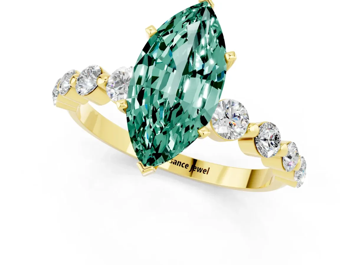 Marquise Cut Solitaire Green Sapphire Ring with Pave Band and Four-Prong Setting Yellow gold