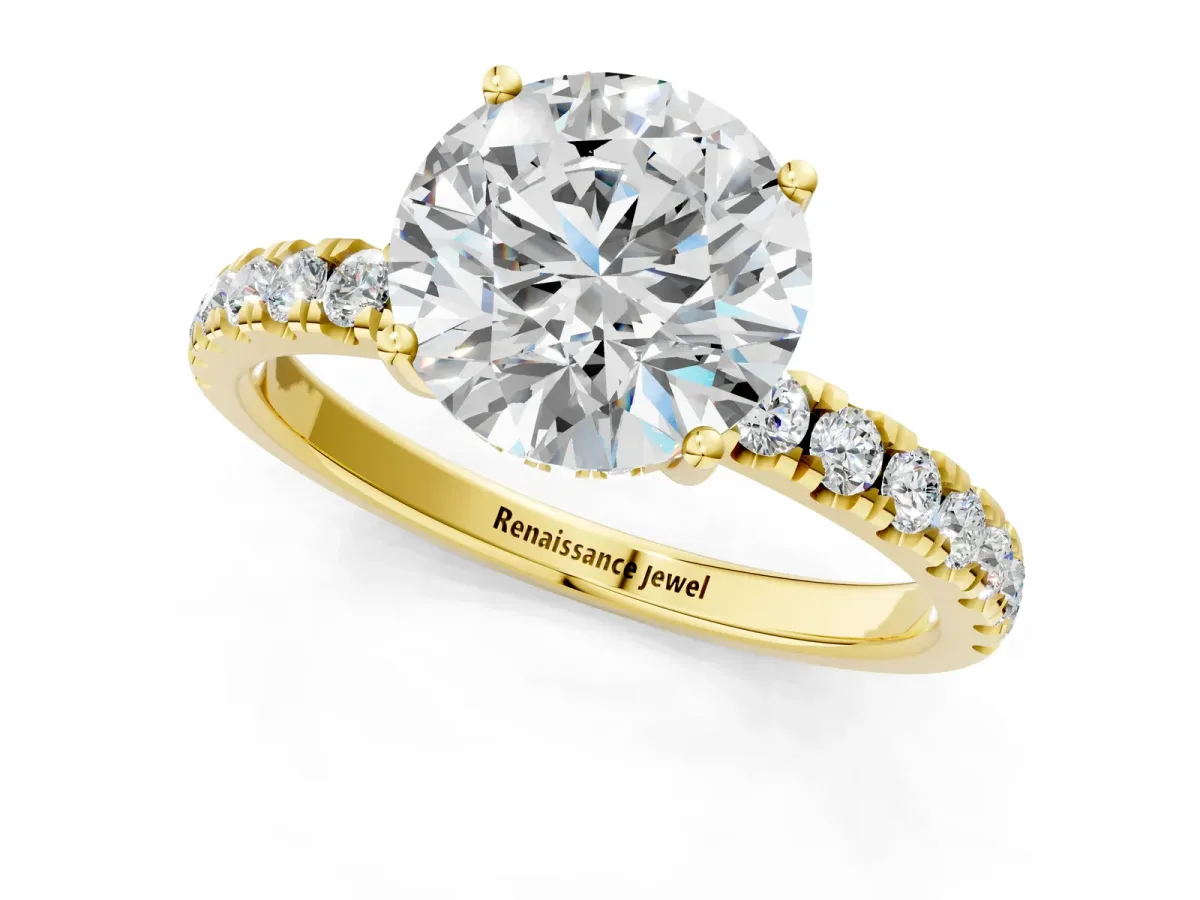 Round Cut Diamond Pave Band Solitaire Ring with Round Moissanite and Prong Setting Yellow gold