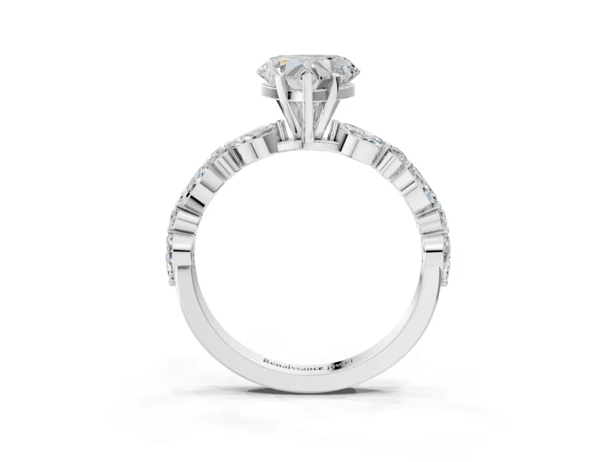Heart Cut Diamond Ring with Marquise and Round Moissanite Side Stones and Four-Prong Setting Platinum