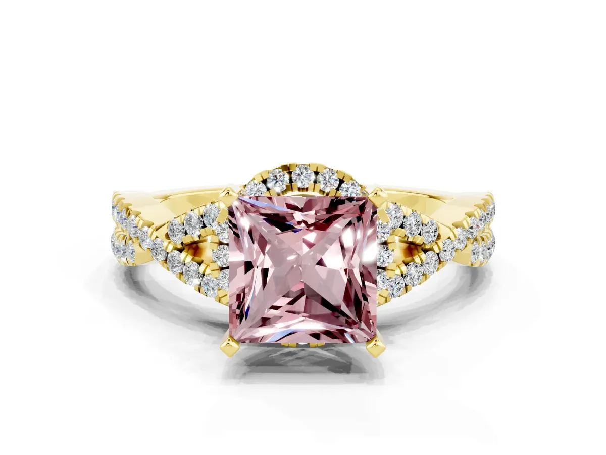 Princess Cut Morganite Halo Twist Band Solitaire Prong Setting Ring Yellow gold
