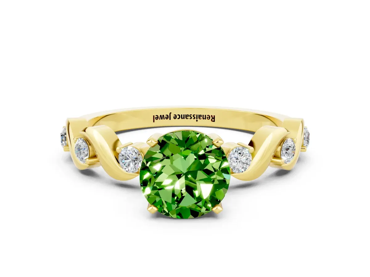 Round Cut Peridot Solitaire Twisted Band with Round Accents and Prong Setting Yellow gold