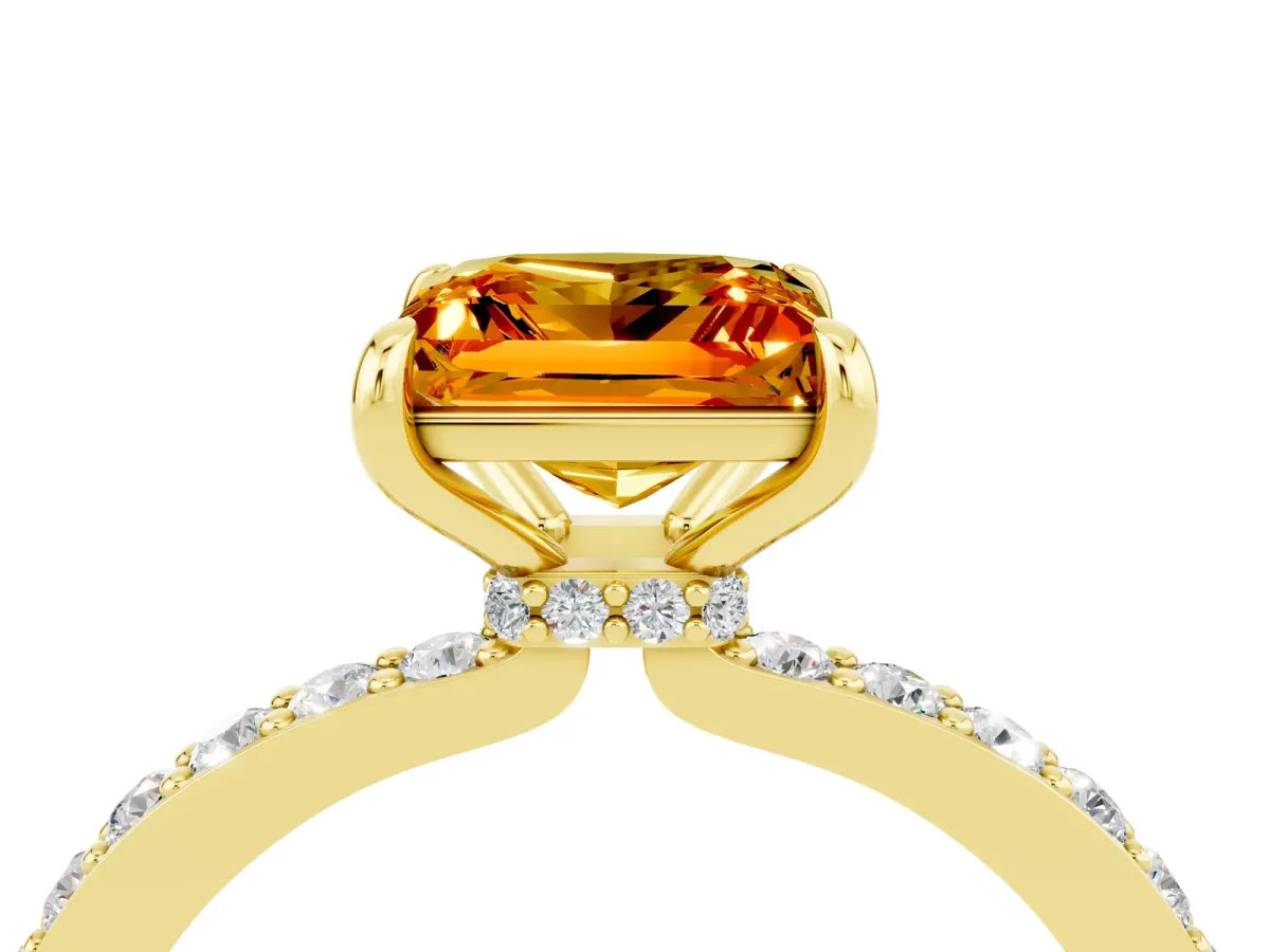 Princess Cut Citrine Solitaire Engagement Ring with Pavé Band and Four-Prong Setting Yellow gold