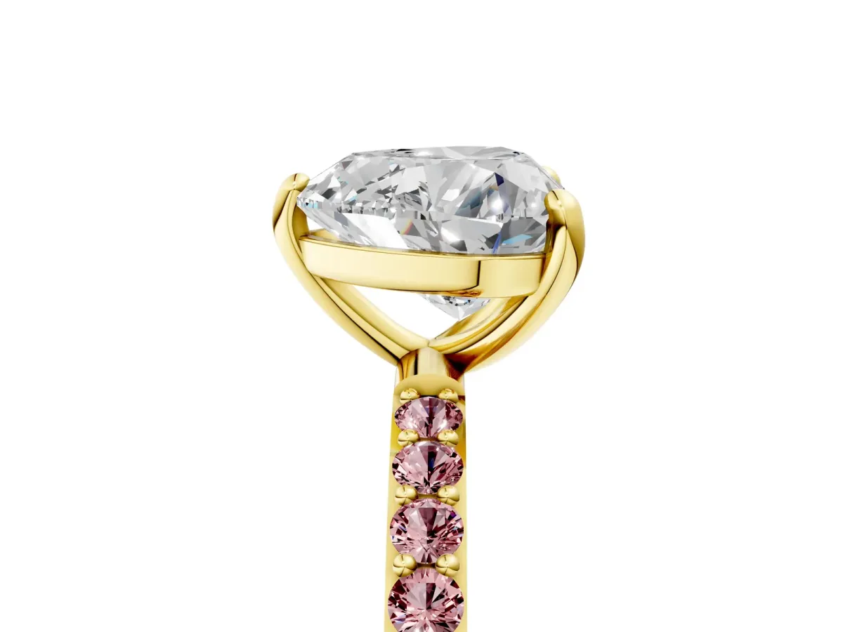 Heart Cut Diamond Solitaire Ring with Round Morganite Pavé Band and Prong Setting Yellow gold