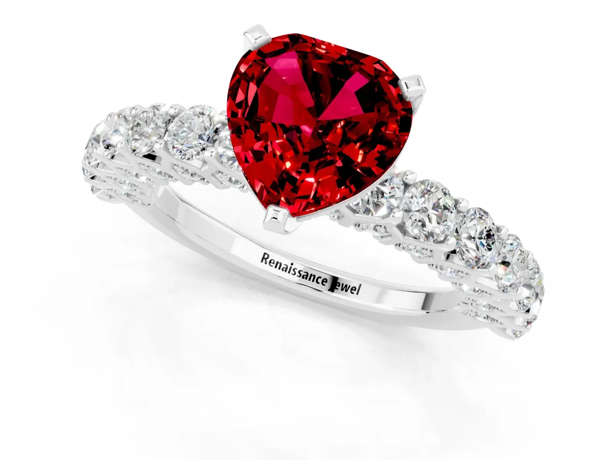 Heart Cut Ruby Solitaire Ring with Shared Prong Pavé Band and Four-Prong Setting Silver