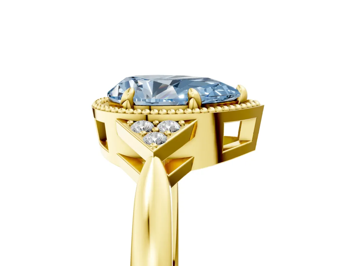 Fancy Blue Milgrain Pear Cut Cut Diamond Ring with Tapered Pave Band and Four Prong Setting Yellow gold