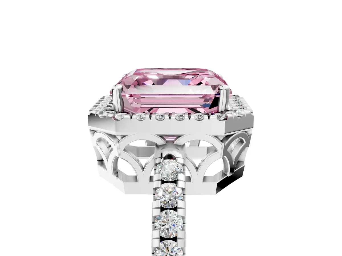Fancy Pink Asscher Cut Halo Diamond Engagement Ring with Pavé Band and Four-Prong Setting Platinum