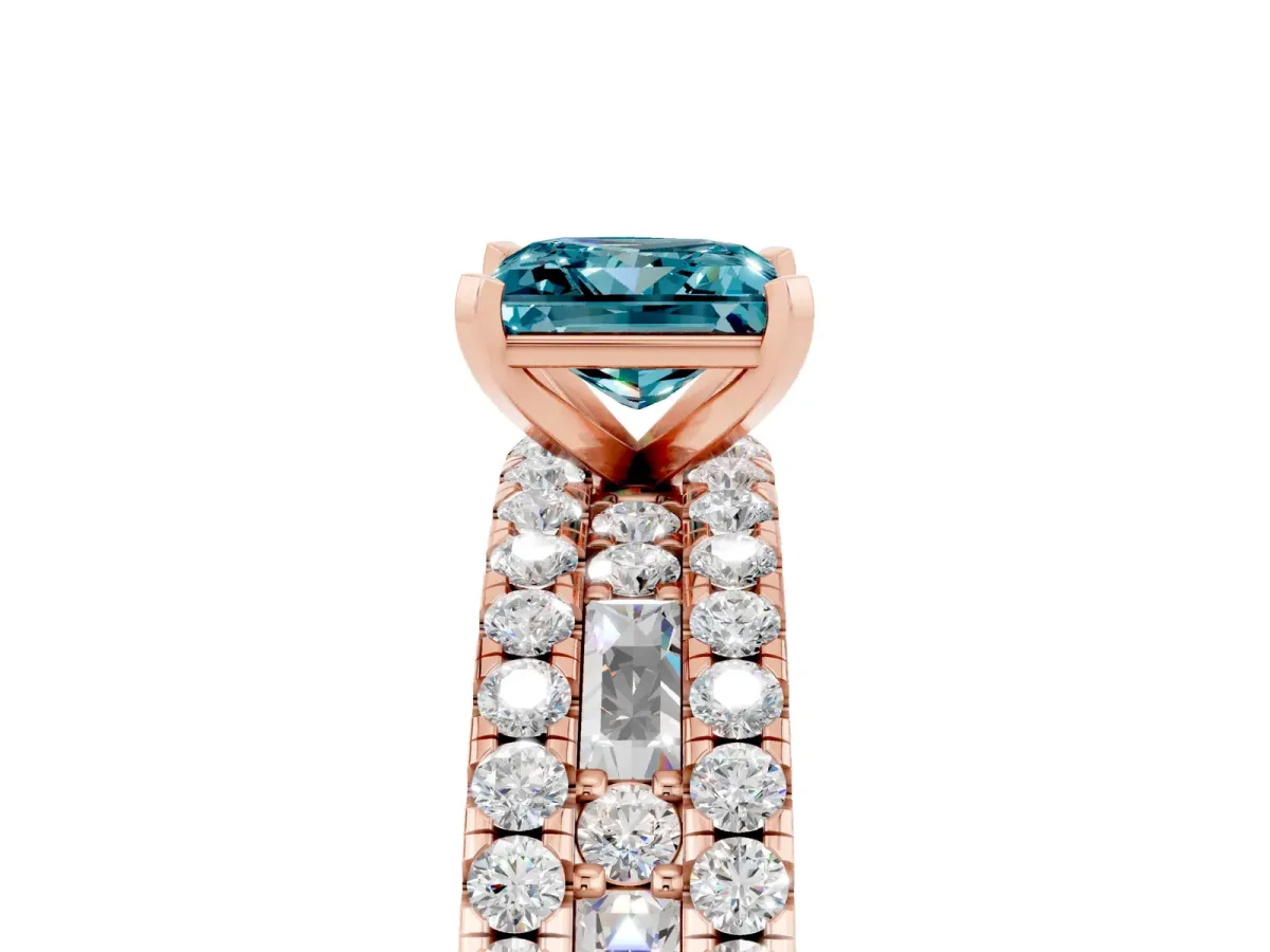 Princess Cut Blue Topaz Solitaire Ring with Pavé and Channel Set Band Rose gold