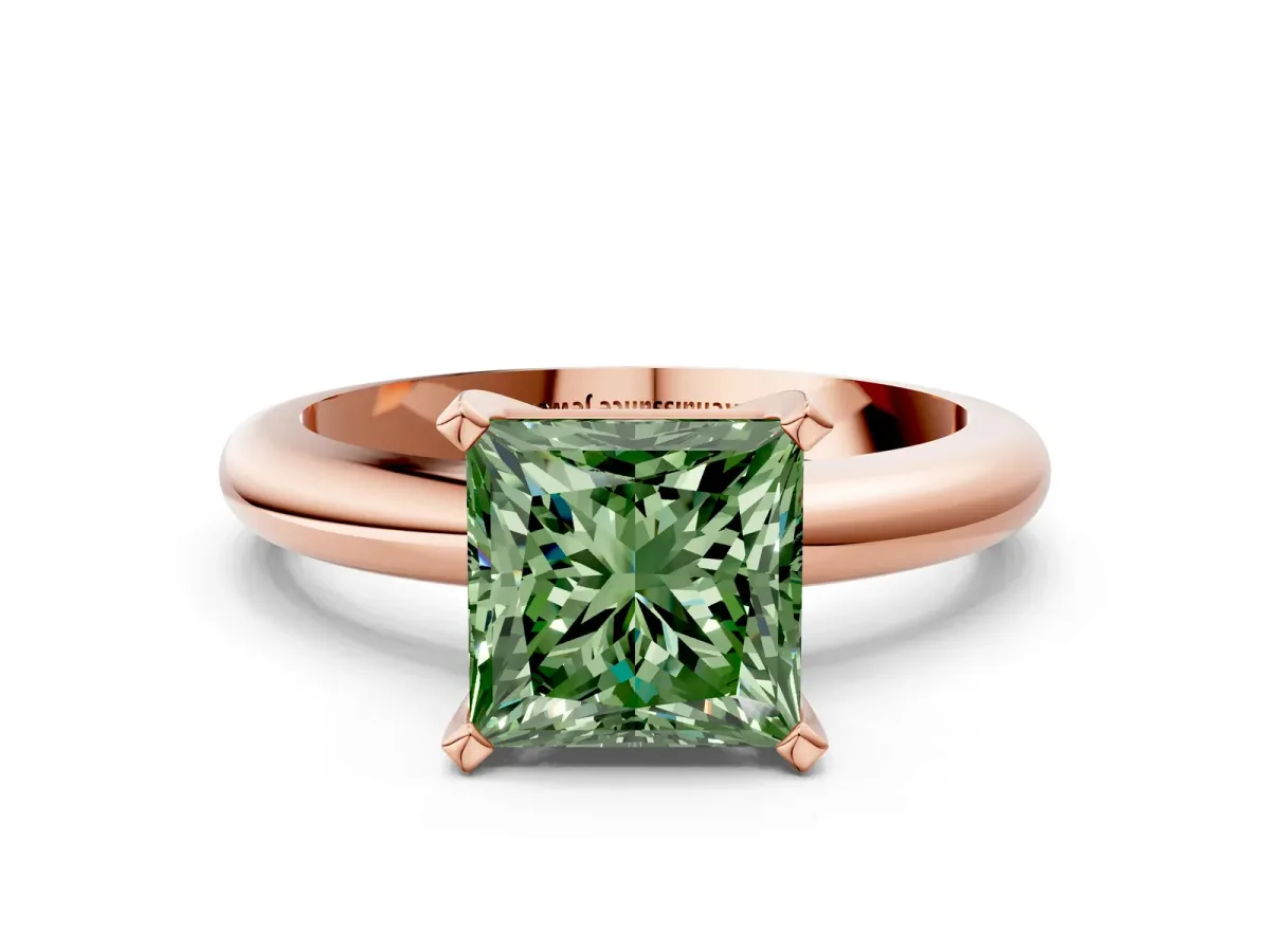 Fancy Green Princess Cut Diamond Solitaire Engagement Ring with Round Band and Four-Prong Setting Rose gold