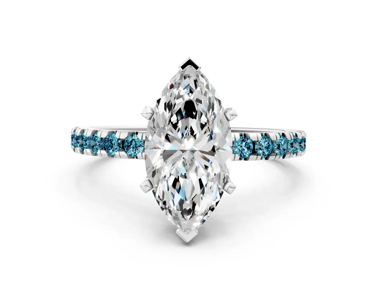 Marquise Cut Diamond Solitaire Ring with Round Blue Topaz Pavé Band and Four-Prong Setting White gold