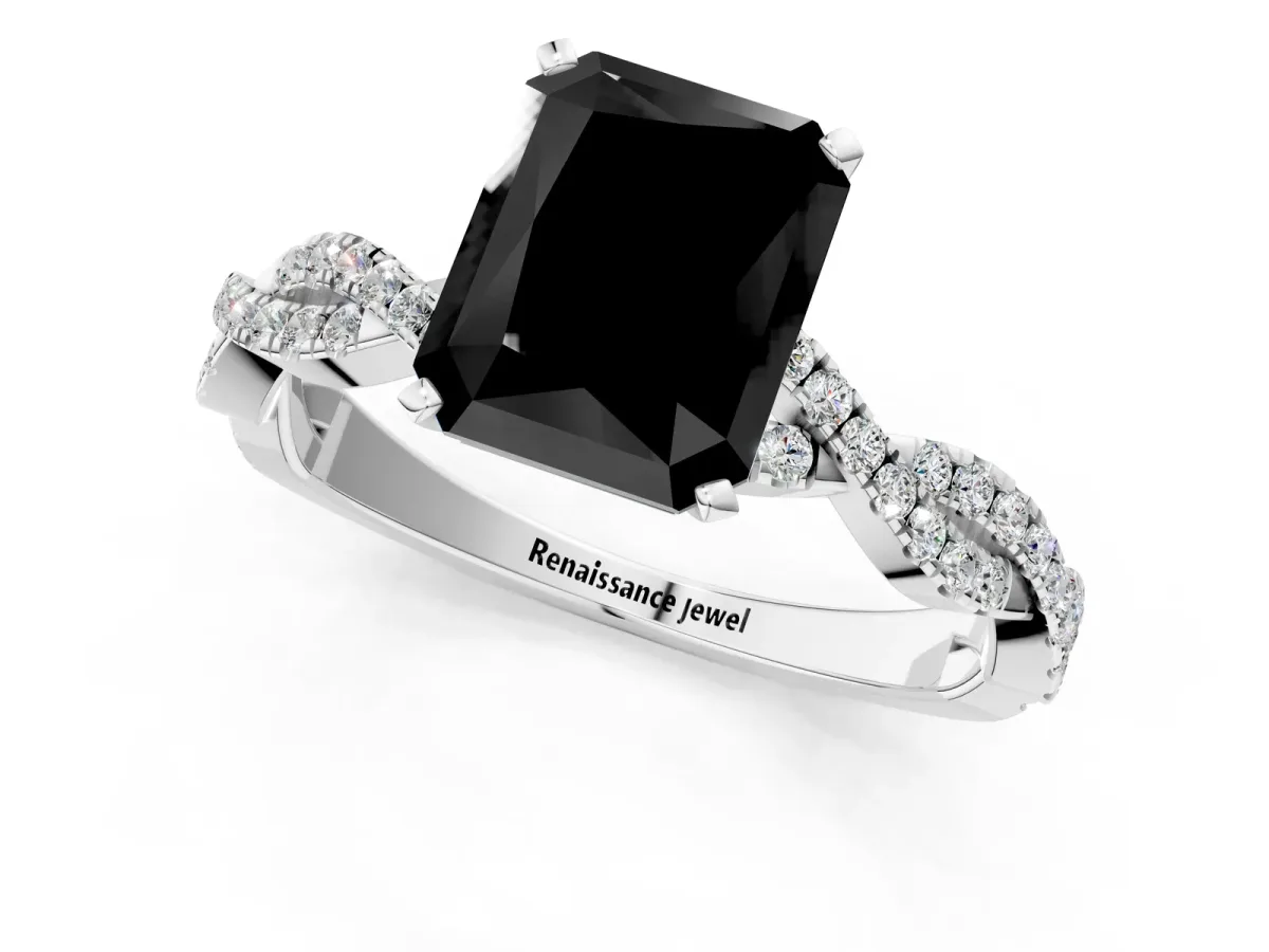 Fancy Black Radiant Cut Solitaire Twisted Pave Band with Four-Prong Setting Platinum