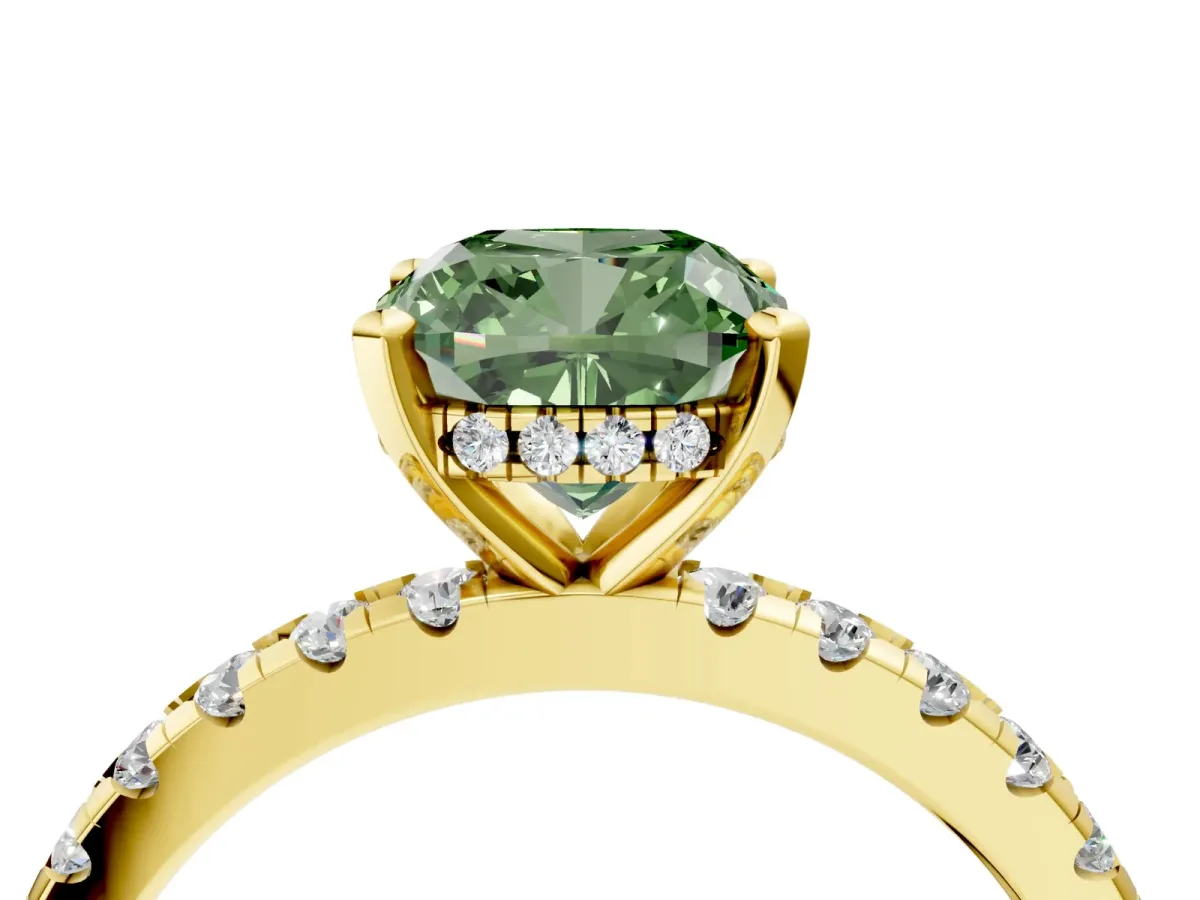 Fancy Green Cushion Cut Diamond Solitaire Ring with Round Pavé Band and Four-Prong Setting Yellow gold