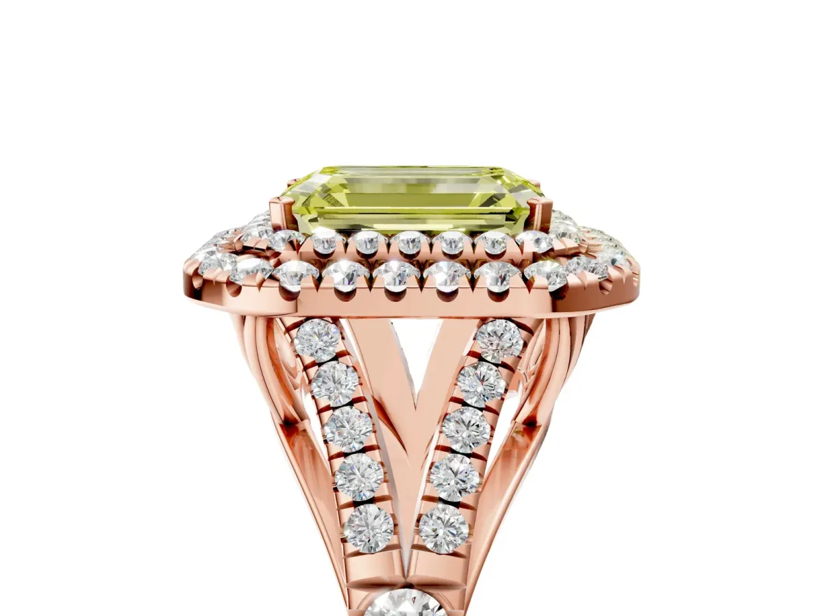 Fancy Yellow Emerald Cut Diamond Double Halo Ring with Split Shank and Prong Setting Rose gold