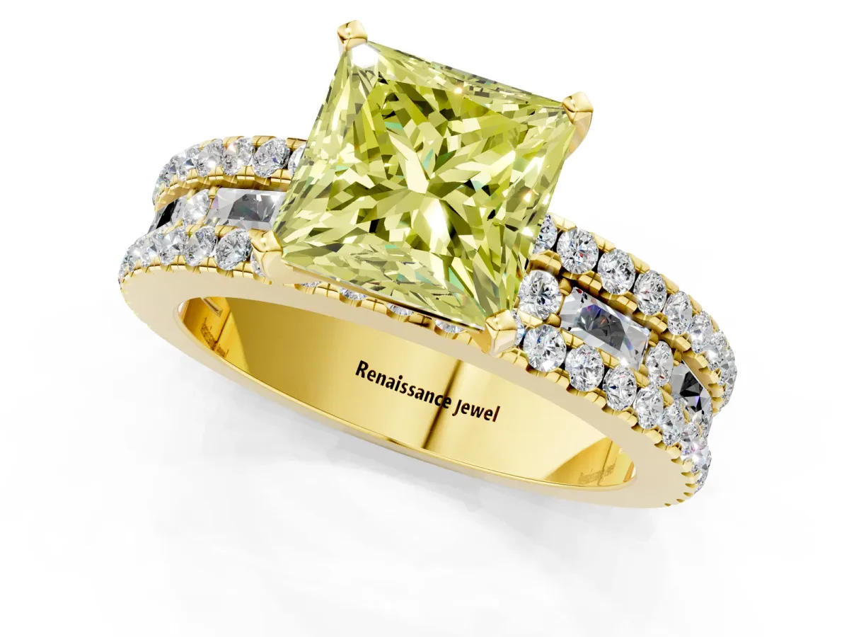 Fancy Yellow Princess Cut Diamond Solitaire Ring with Pavé and Channel Set Band Yellow gold