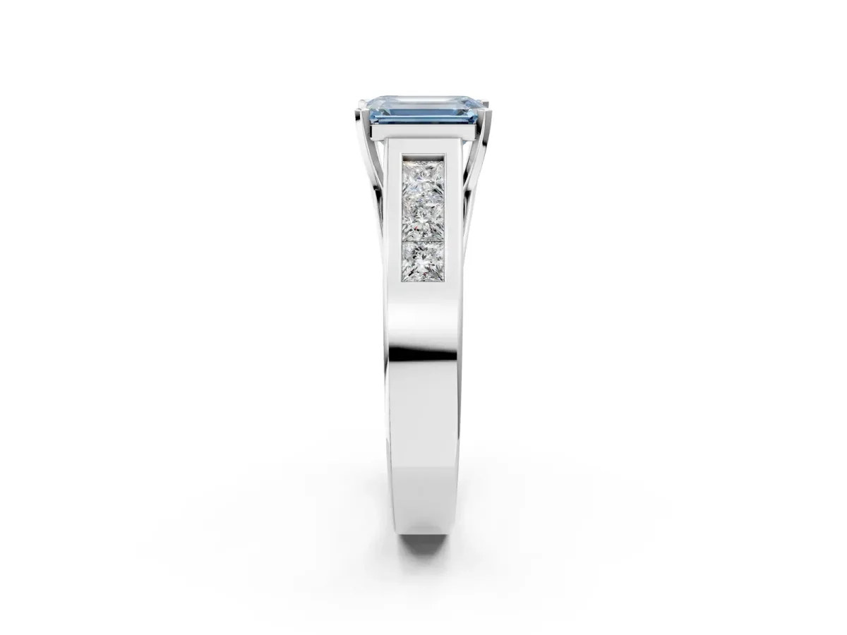 Fancy Blue Emerald Cut Cut Channel Set Solitaire Ring with Four-Prong Setting White gold