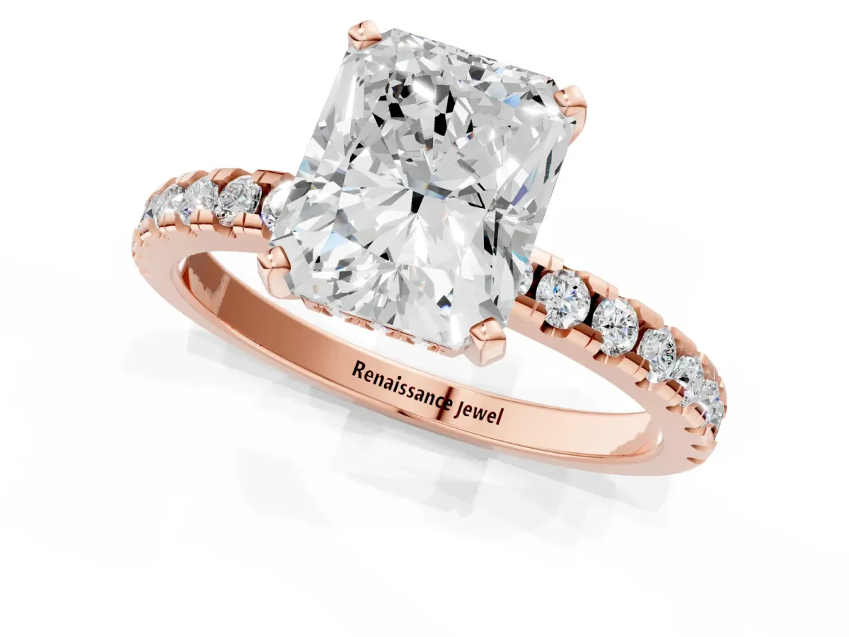 Radiant Cut Diamond Solitaire Ring with Round Moissanite Pavé Band and Four-Prong Setting Rose gold