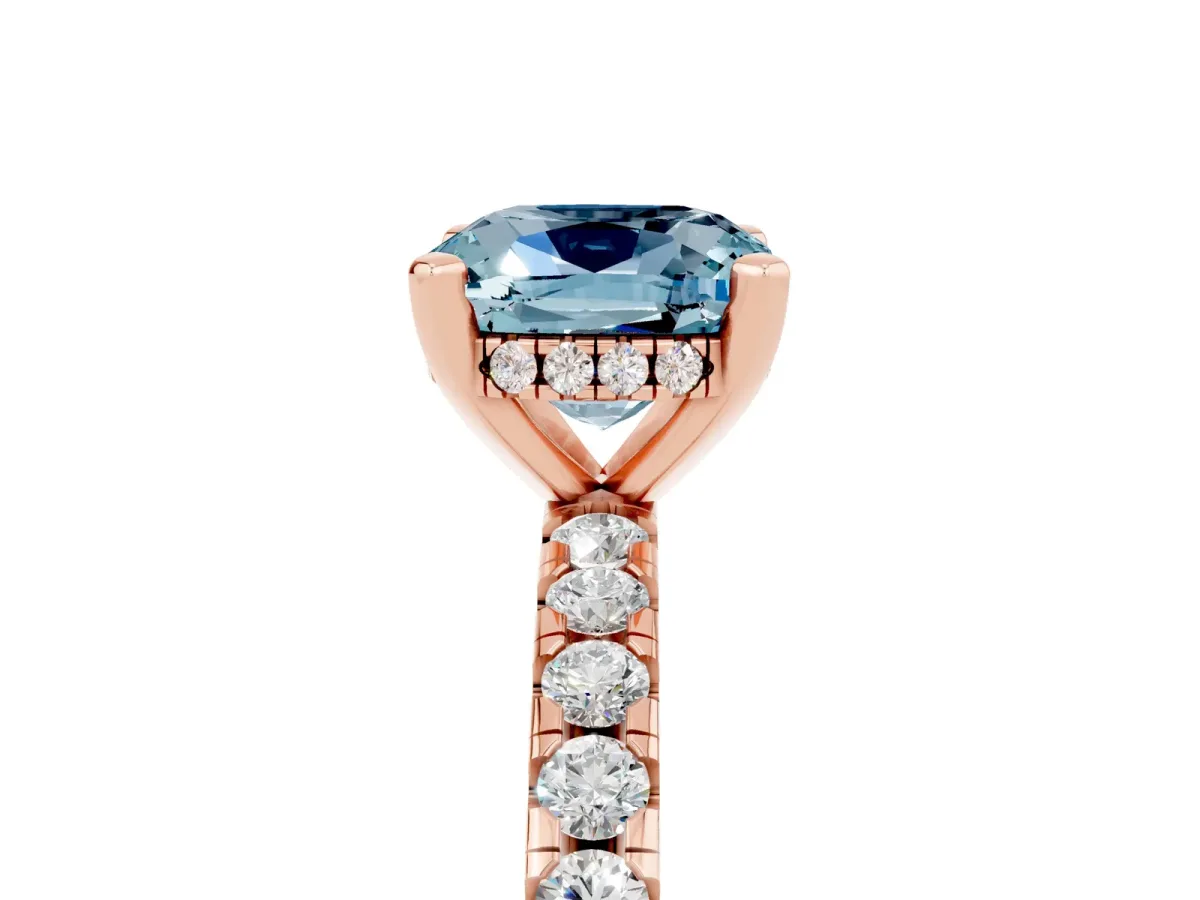 Cushion Cut Aquamarine Solitaire Ring with Round Pavé Band and Four-Prong Setting Rose gold