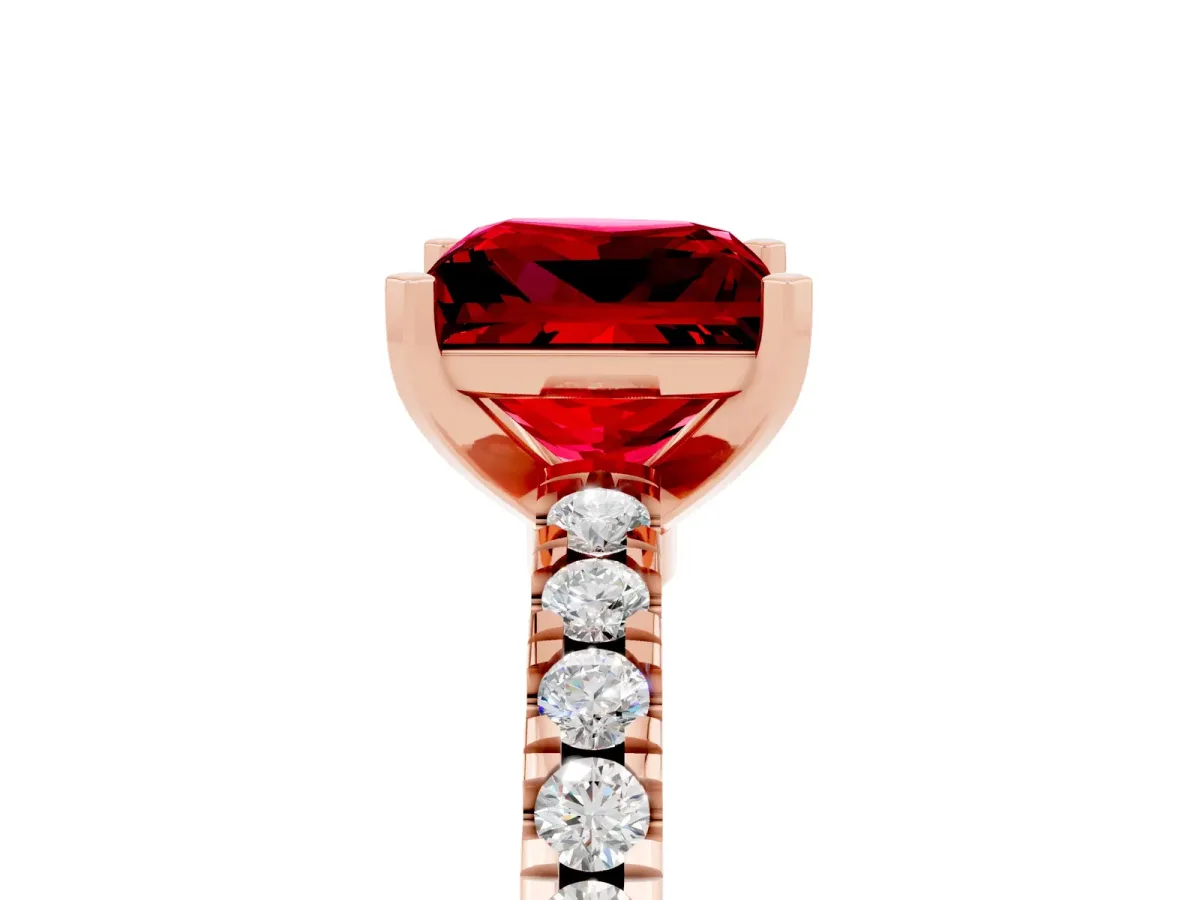 Princess Cut Solitaire Ruby with Pavé Band and Four-Prong Setting Rose gold