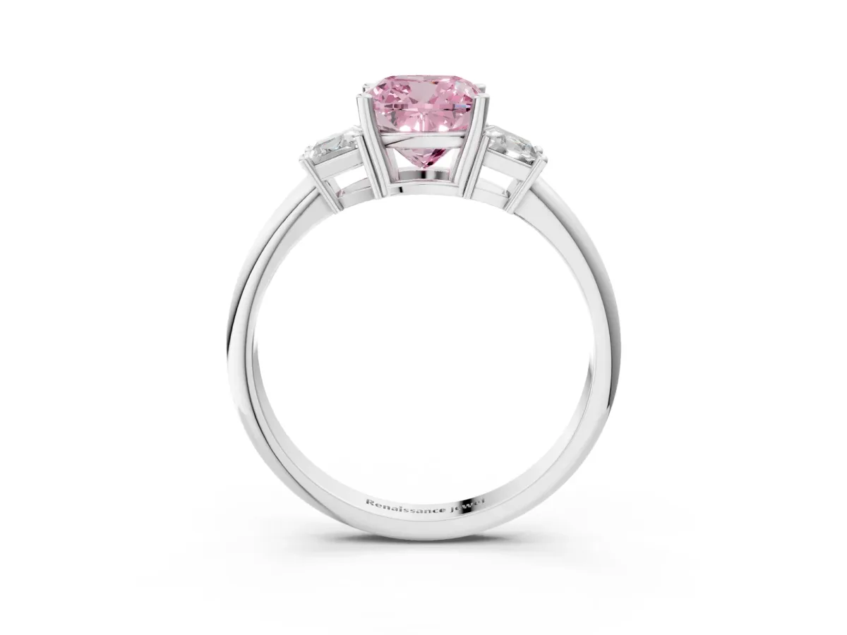 Fancy Pink Cushion Cut Diamond Three-Stone Ring with Trapezoid Side Stones and Prong Setting Silver