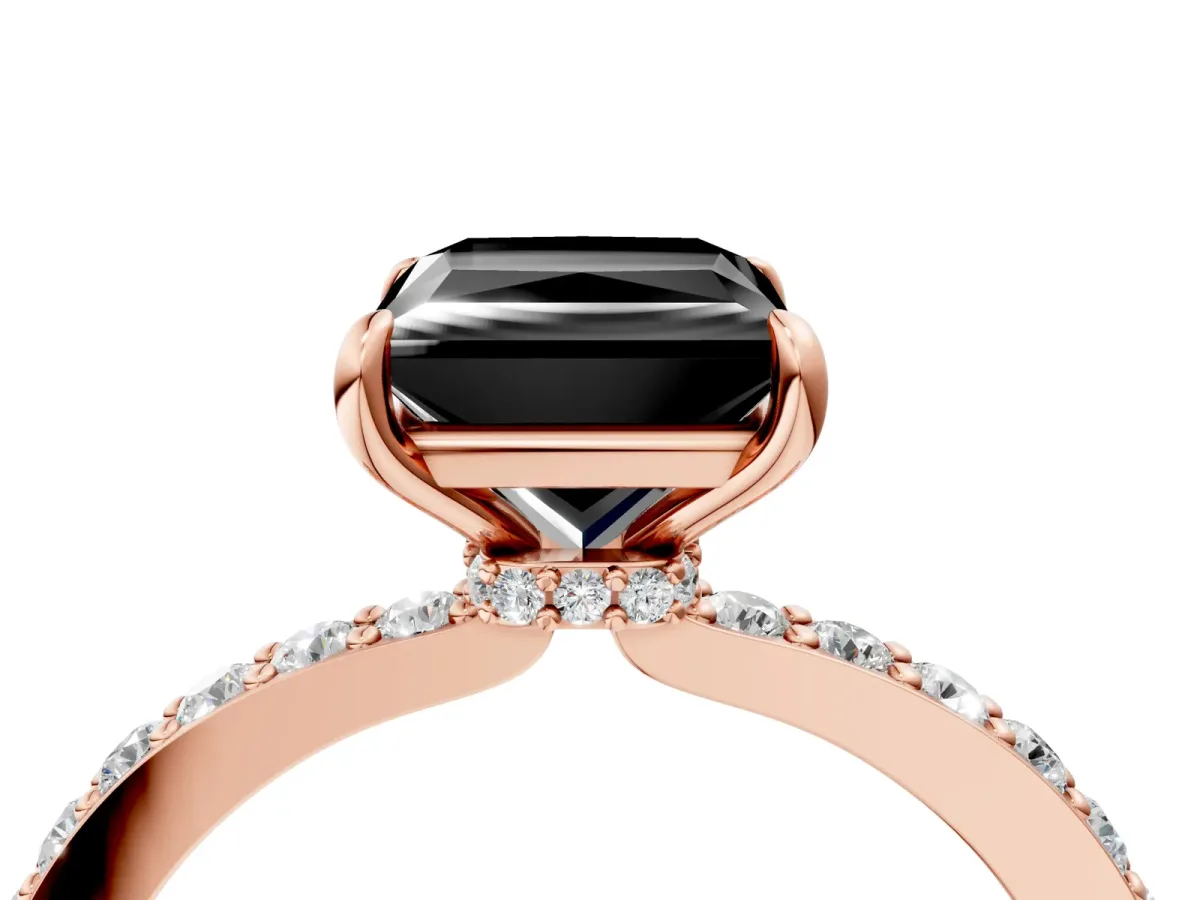 Fancy Black Princess Cut Diamond Solitaire Engagement Ring with Pavé Band and Four-Prong Setting Rose gold