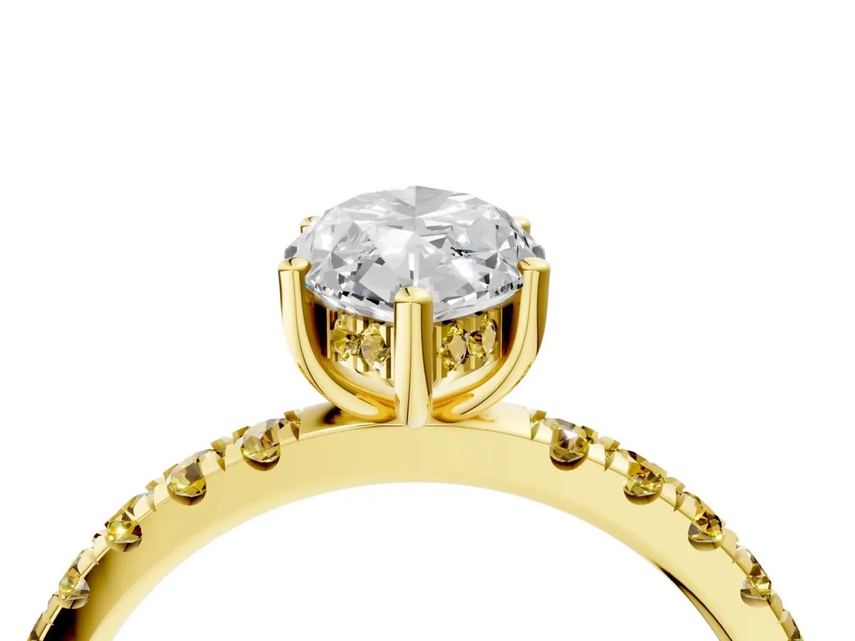 Marquise Cut Diamond Pave Band Solitaire Ring with Round Yellow Sapphire and Prong Setting Yellow gold