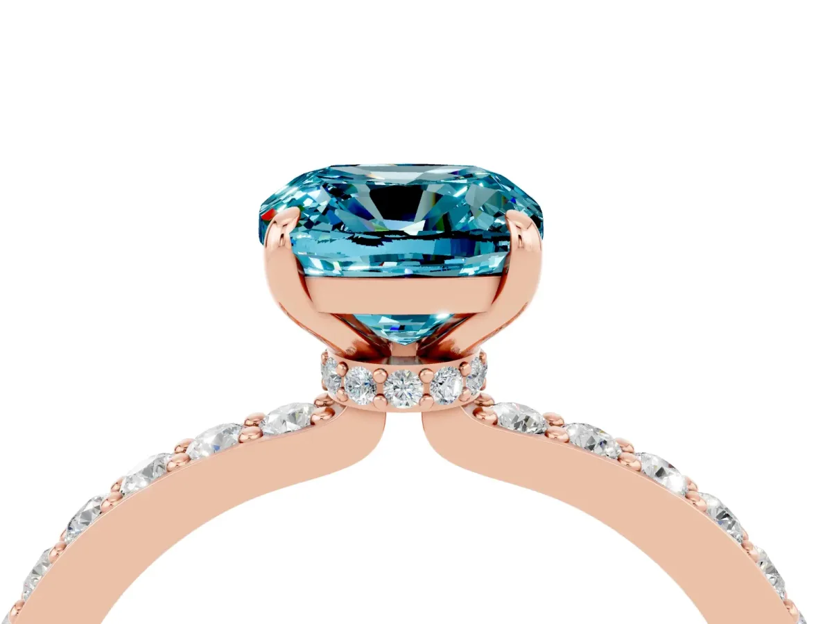 Cushion Cut Blue Topaz Solitaire Engagement Ring with Pavé Band and Four-Prong Setting Rose gold