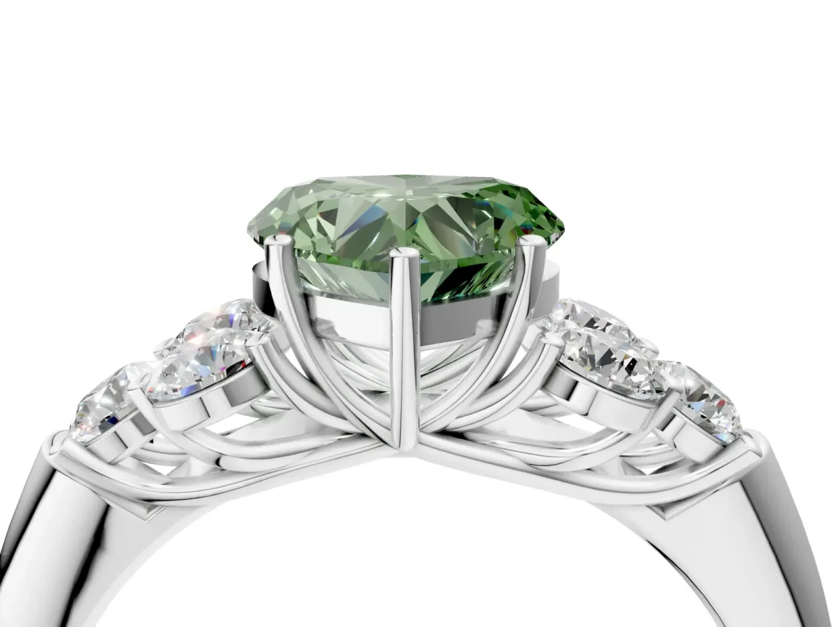Fancy Green Heart Cut Cut Diamond Cluster Ring with Round Accent Stones and Prong Setting on a Classic Band Platinum