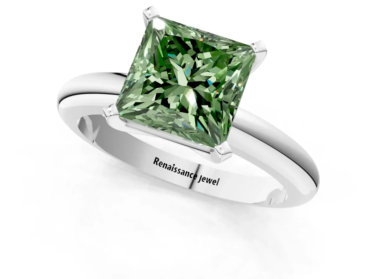 Fancy Green Princess Cut Diamond Solitaire Engagement Ring with Round Band and Four-Prong Setting White gold
