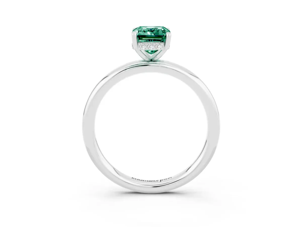 Emerald Cut Green Sapphire Solitaire Ring with Thin Band and Four-Prong Setting White gold