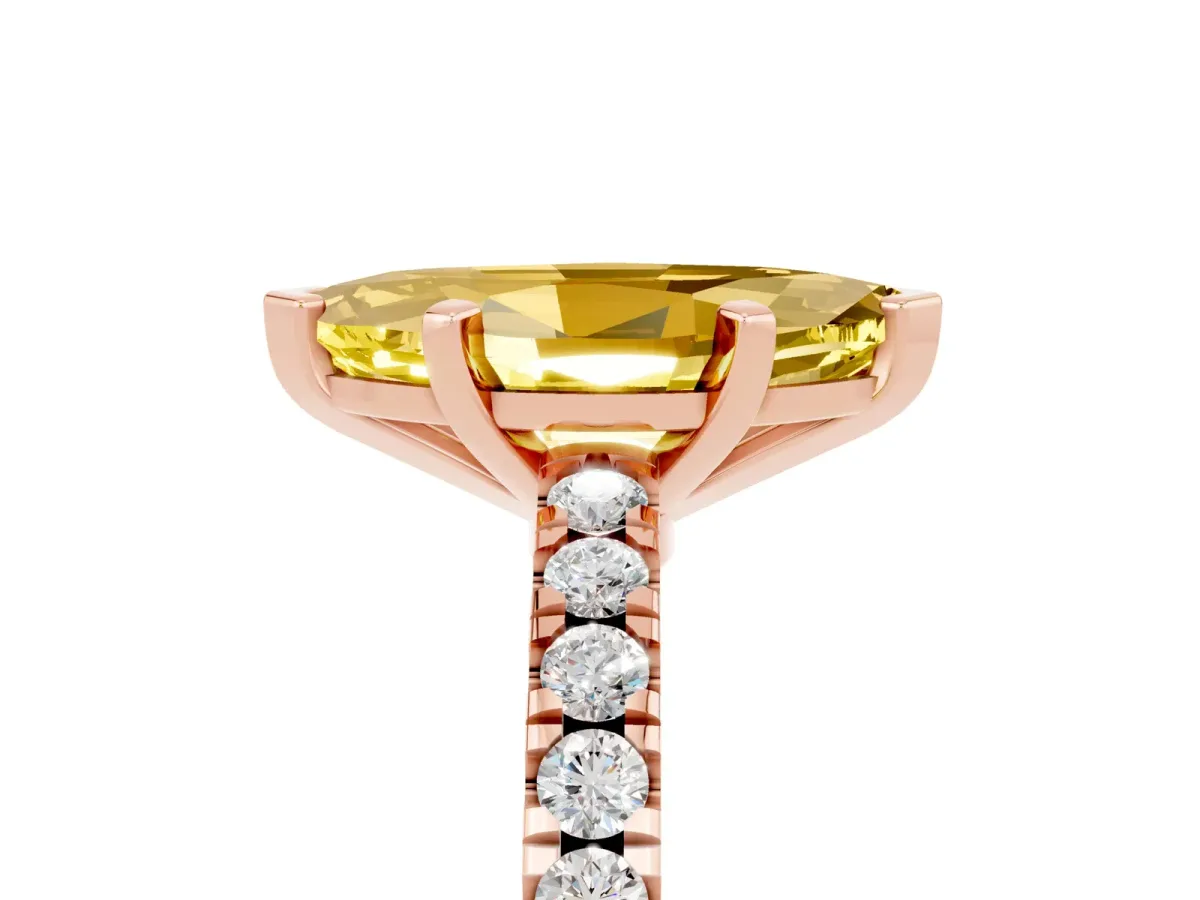 Marquise Cut Solitaire Yellow Sapphire with Pavé Band and Four-Prong Setting Rose gold