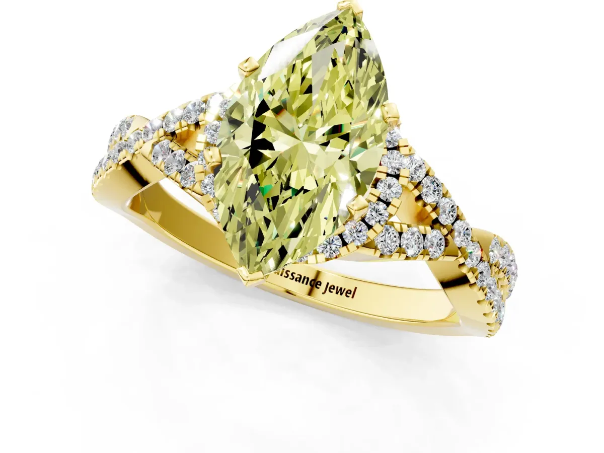 Fancy Yellow Marquise Cut Diamond Halo Twist Band Solitaire Prong Setting Ring Yellow gold