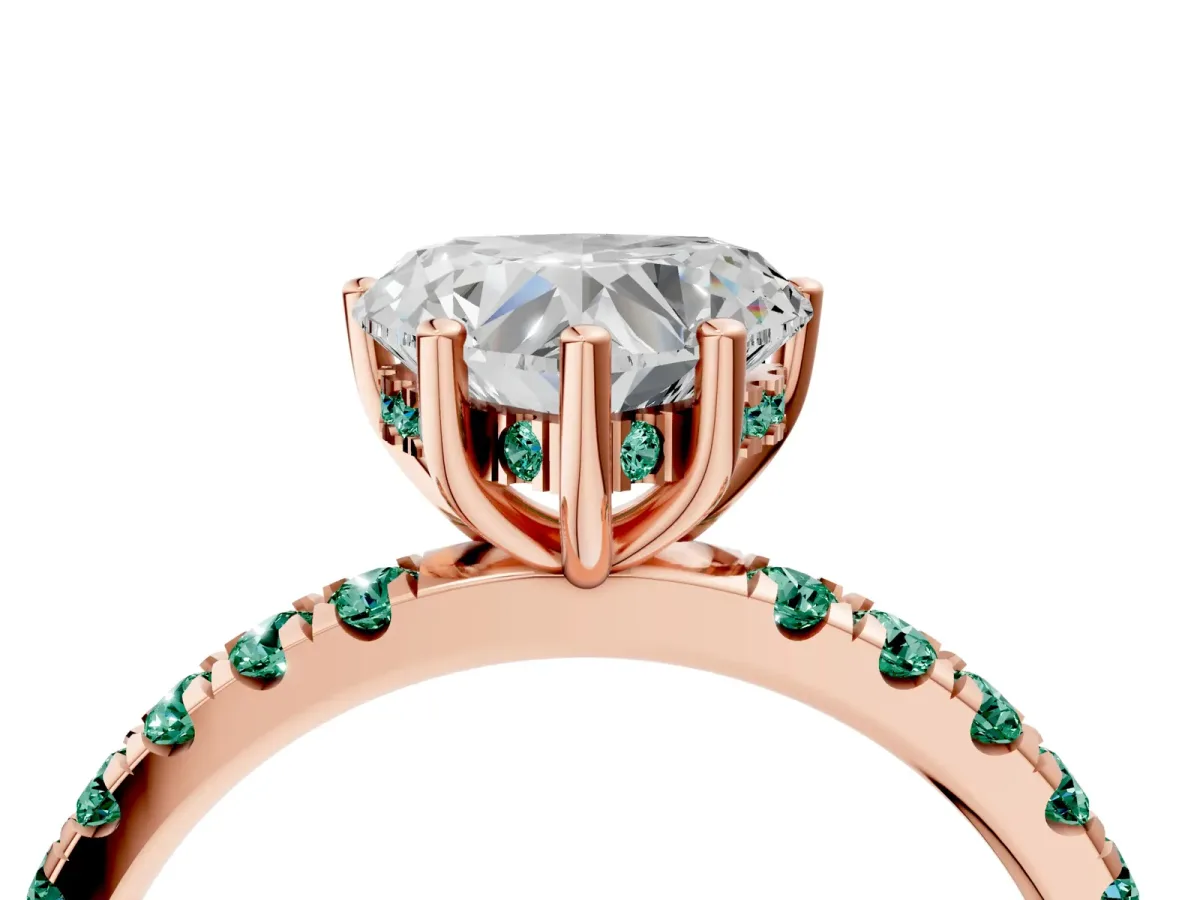 Heart Cut Diamond Pave Band Solitaire Ring with Round Green Sapphire and Prong Setting Rose gold