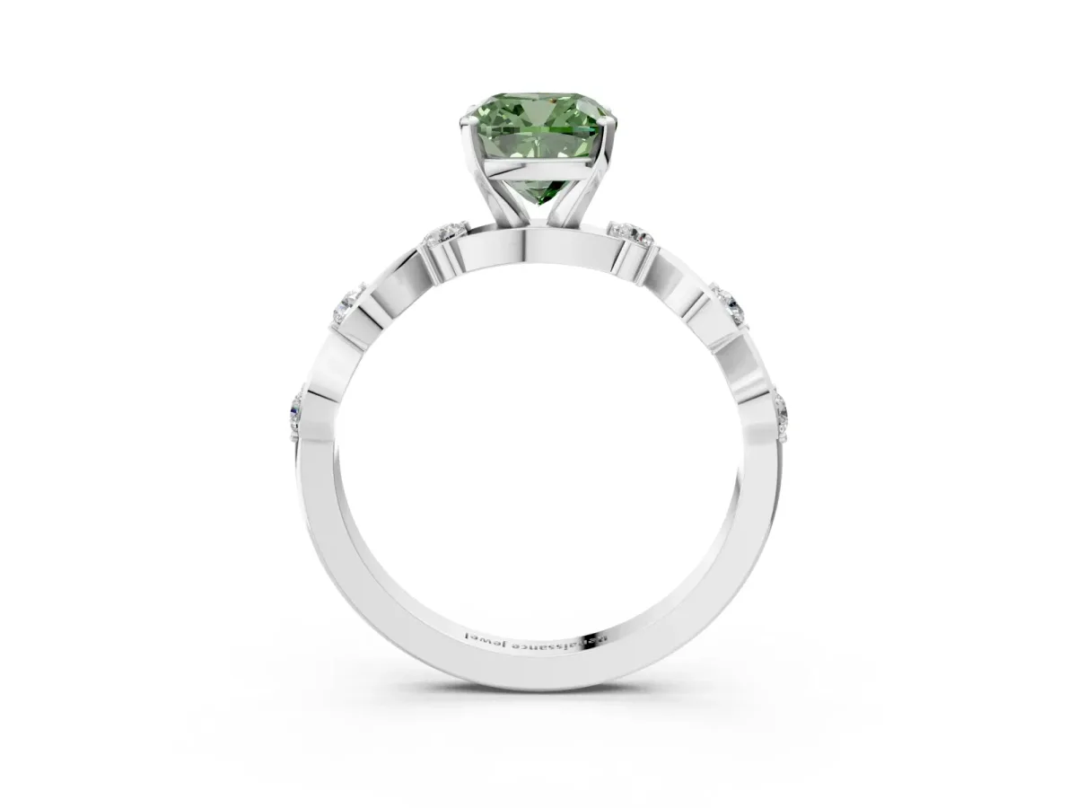 Fancy Green Cushion Cut Diamond Solitaire Twisted Band with Round Accents and Prong Setting White gold