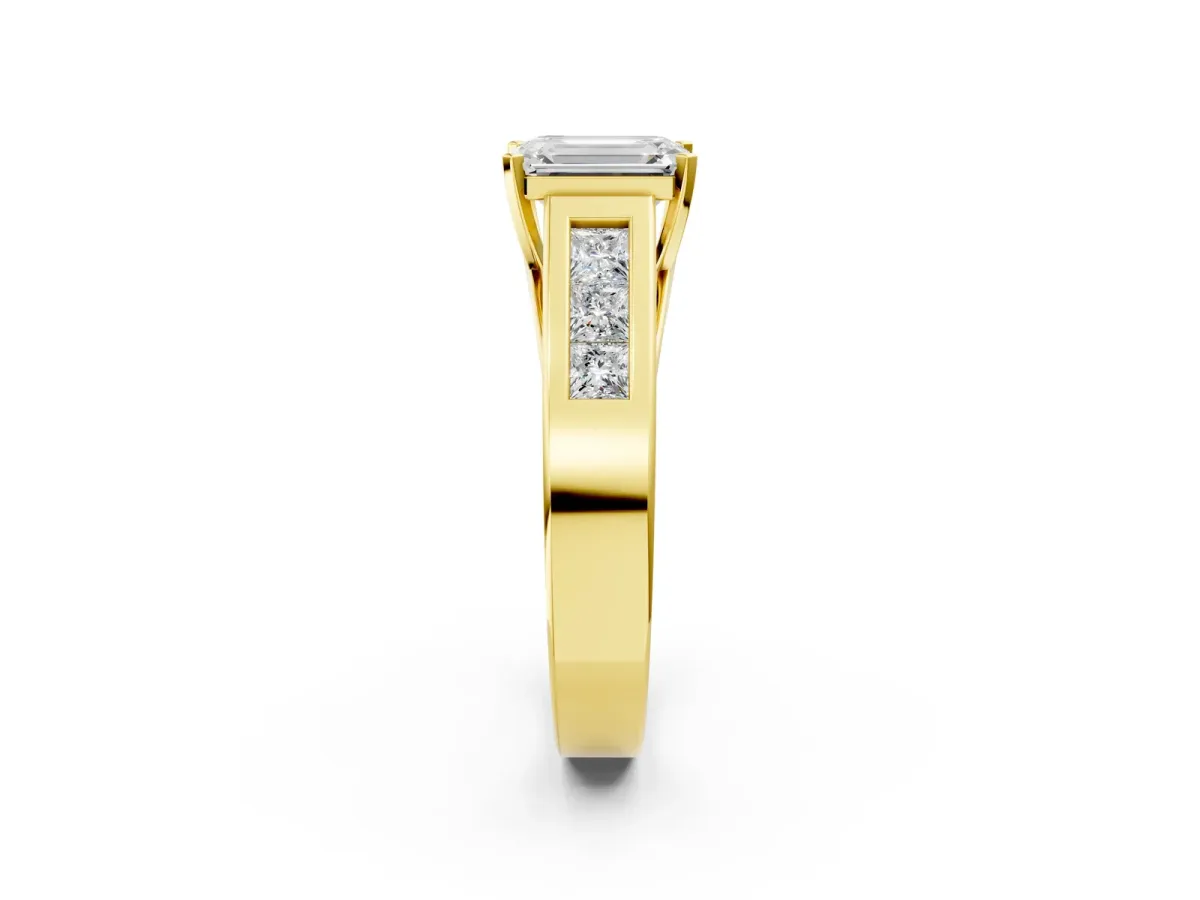 Emerald Cut Cut Channel Set Solitaire Ring with Four-Prong Setting Yellow gold