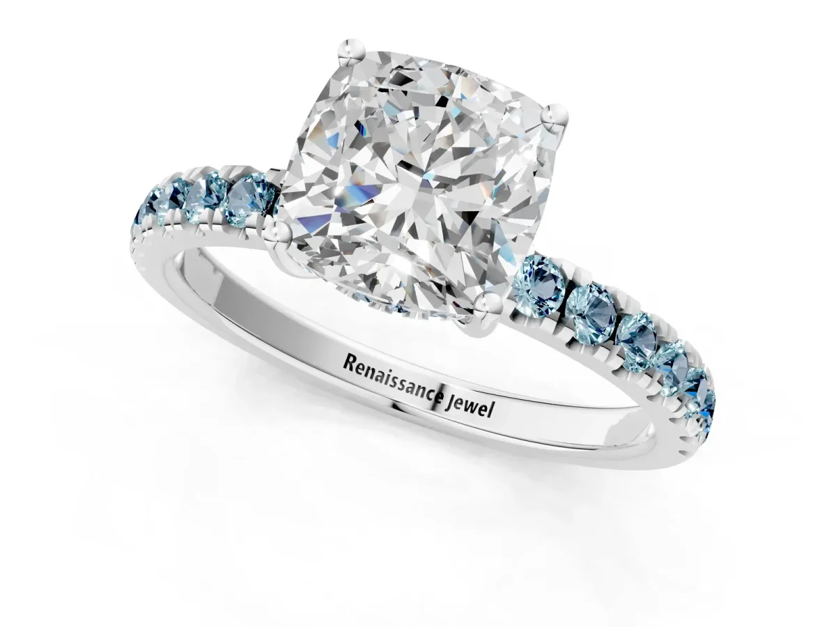 Cushion Cut Diamond Pave Band Solitaire Ring with Round Aquamarine and Prong Setting White gold