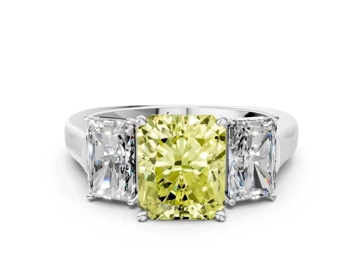 Fancy Yellow Three-Stone Radiant Cut Brilliant Diamond Trellis Ring with Comfort Fit Band Platinum