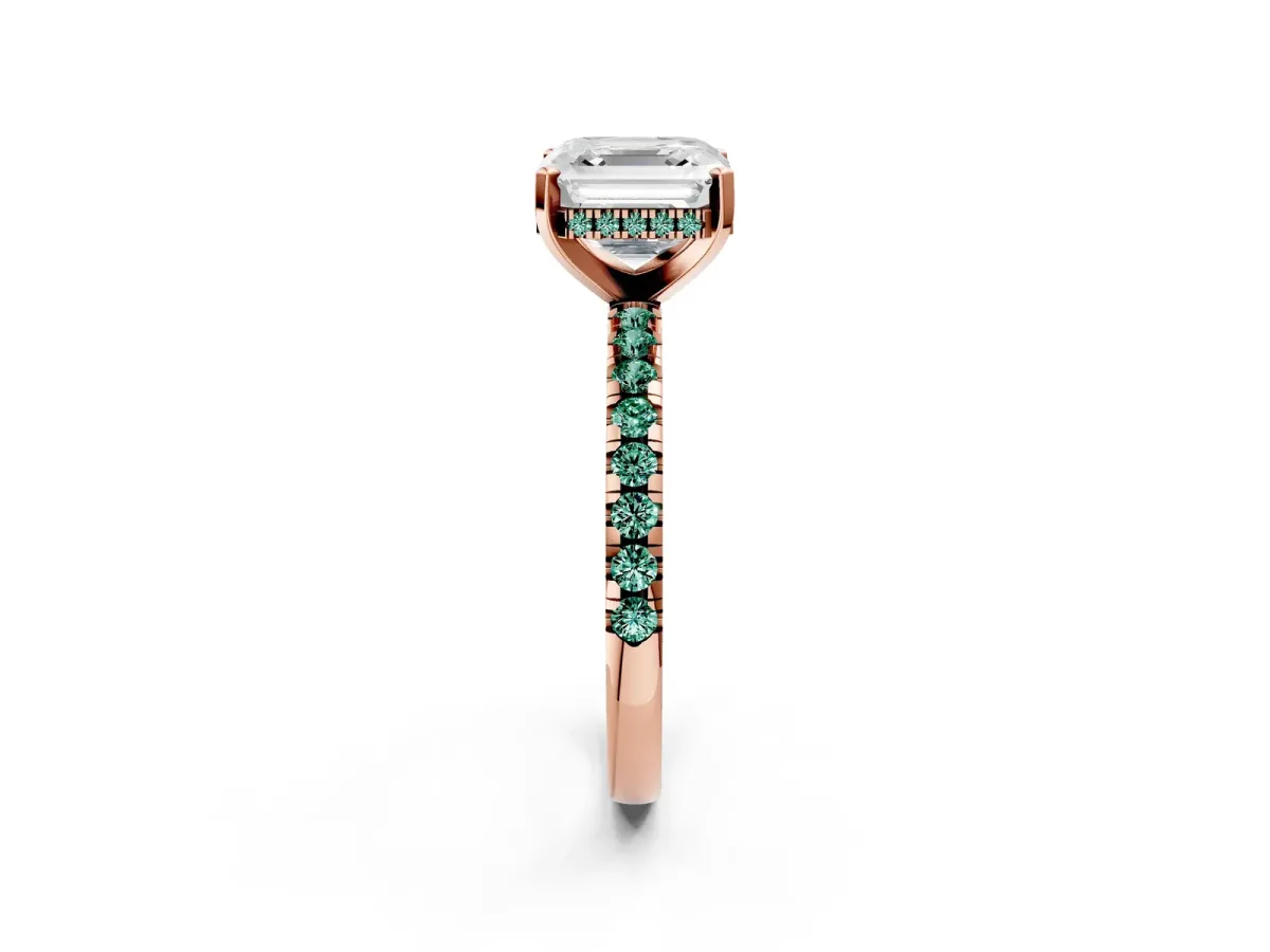 Asscher Cut Diamond Solitaire Ring with Round Green Sapphire Pavé Band and Four-Prong Setting Rose gold