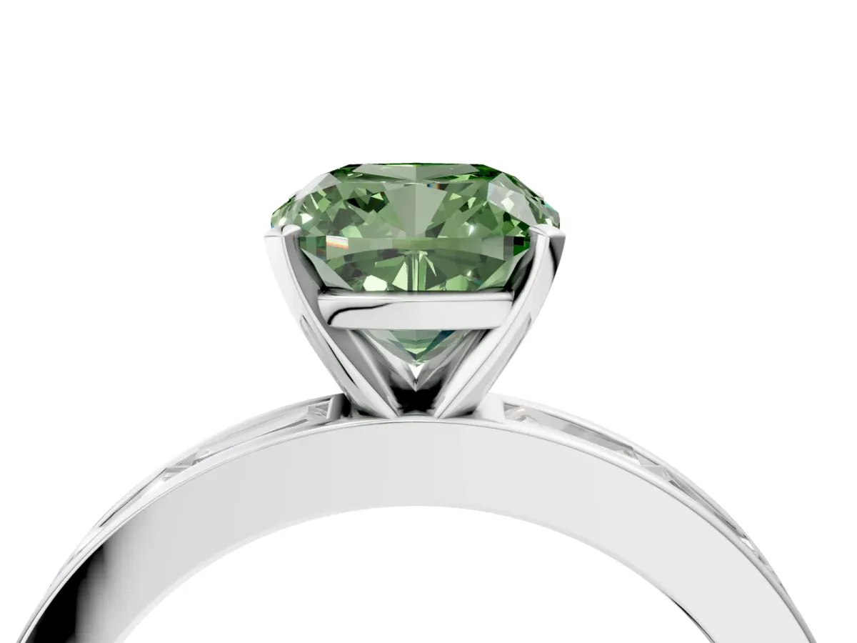Fancy Green Cushion Cut Solitaire Diamond Ring with Channel-Set Baguette Band and Four-Prong Setting White gold