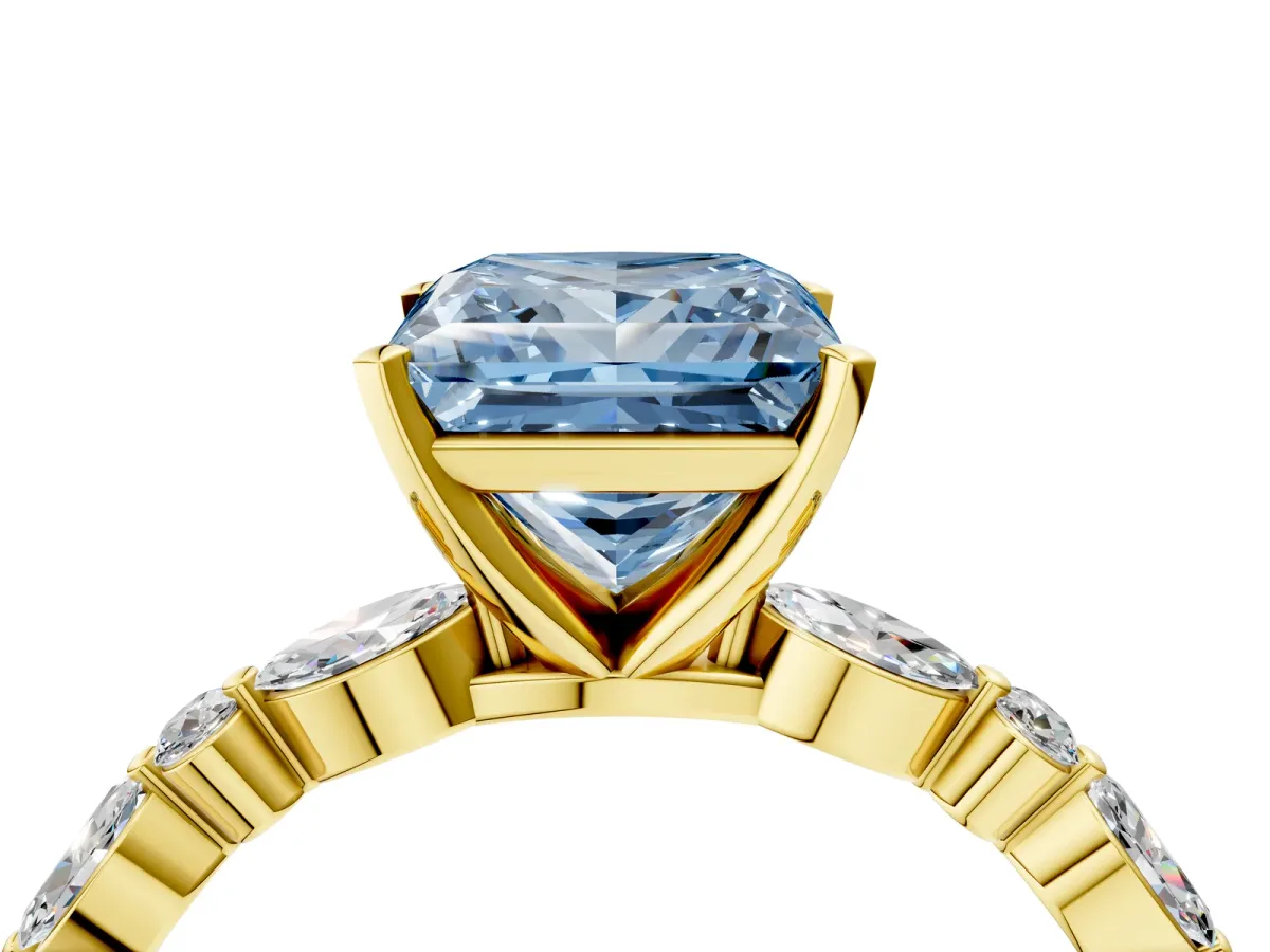 Fancy Blue Princess Cut Diamond Ring with Marquise and Round Side Stones and Four-Prong Setting Yellow gold