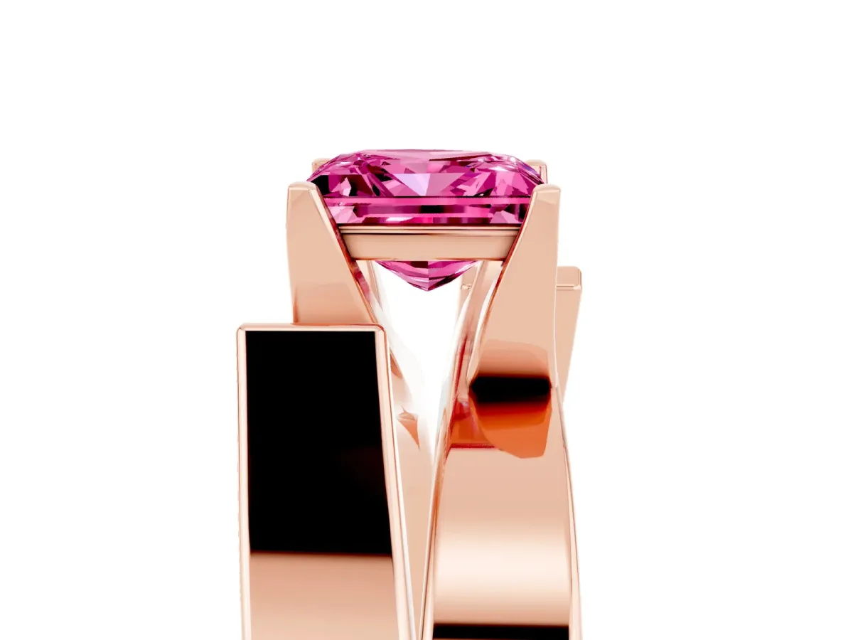 Modern Tension Set Princess Cut Pink Sapphire Solitaire Wide Band Ring Rose gold