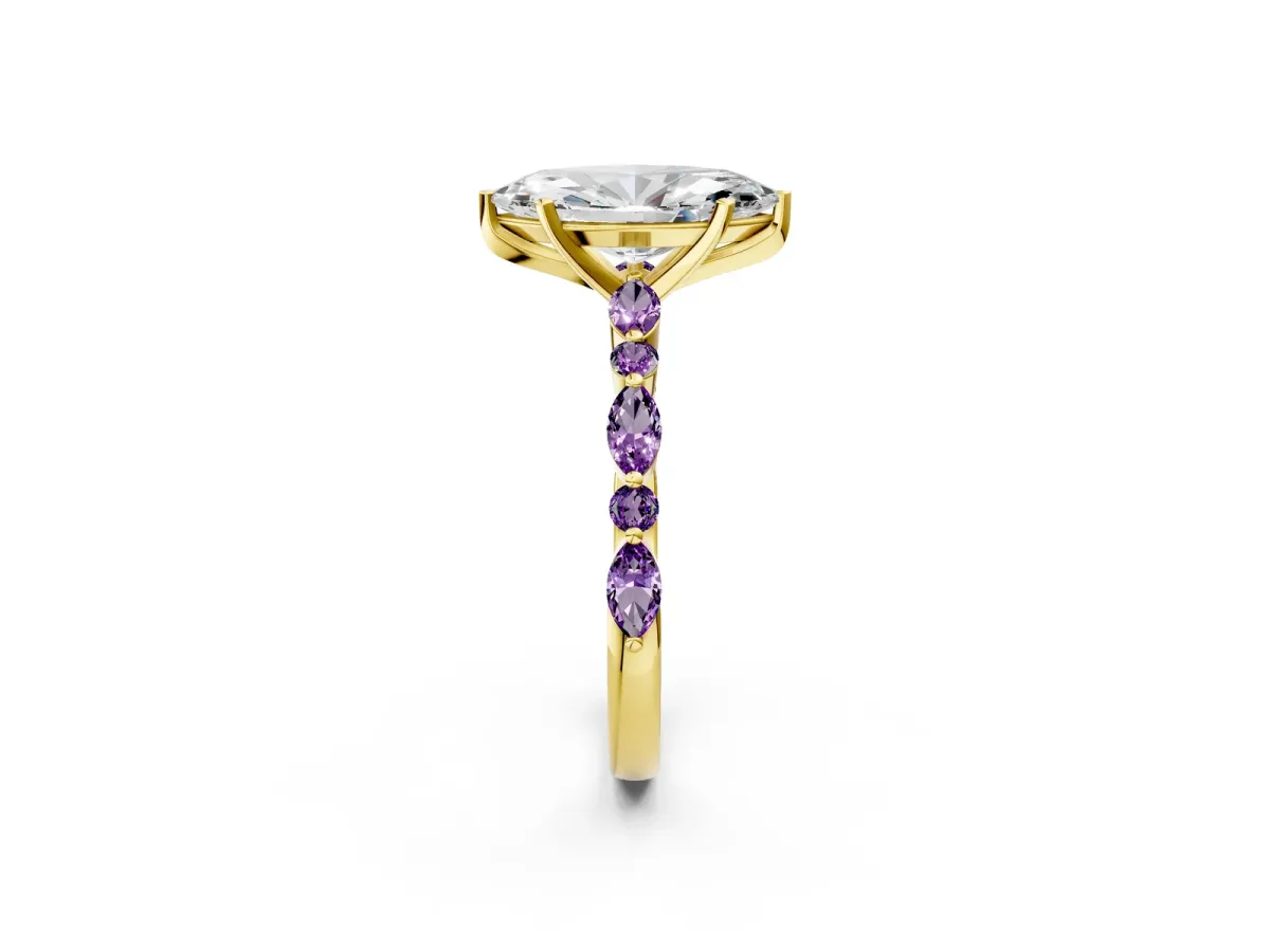 Marquise Cut Diamond Ring with Marquise and Round Amethyst Side Stones and Four-Prong Setting Yellow gold