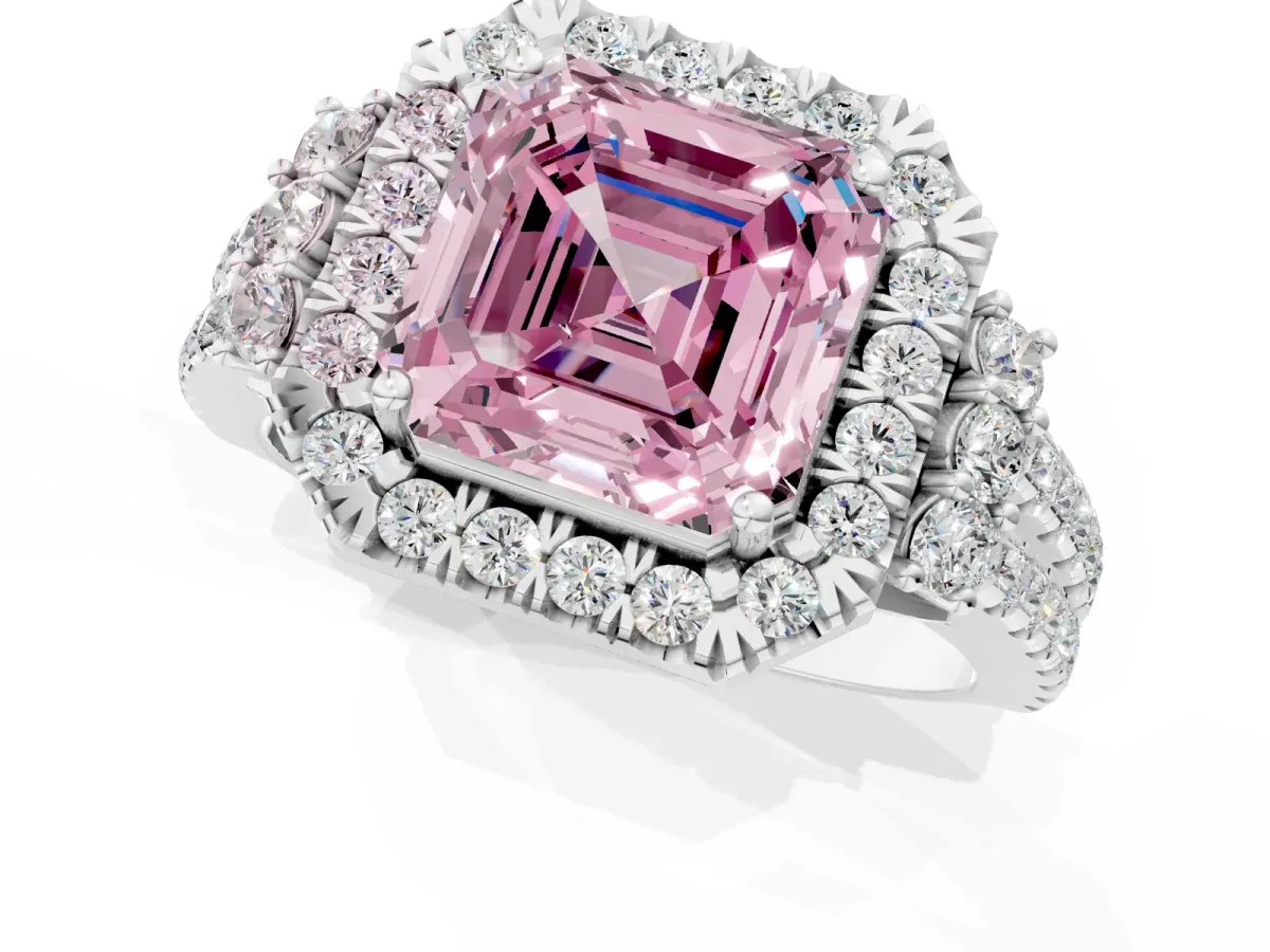 Fancy Pink Asscher Cut Cut Double Halo Diamond Engagement Ring with Pave Band and Four-Prong Setting Platinum