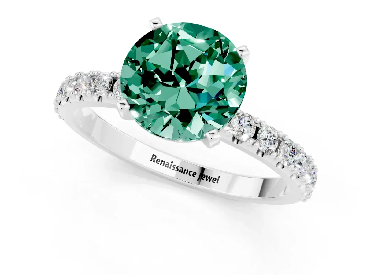 Round Cut Green Sapphire Solitaire Pavé Band with Four-Prong Setting Platinum