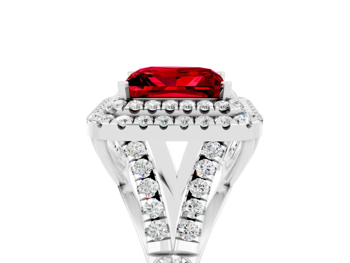Double Halo Princess Cut Ruby Split Shank Engagement Ring with Four-Prong Setting White gold