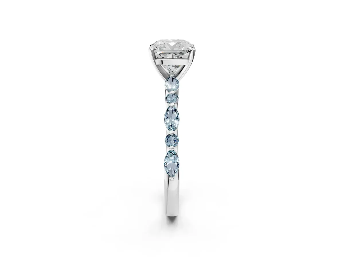 Cushion Cut Diamond Ring with Marquise and Round Aquamarine Side Stones and Four-Prong Setting Platinum