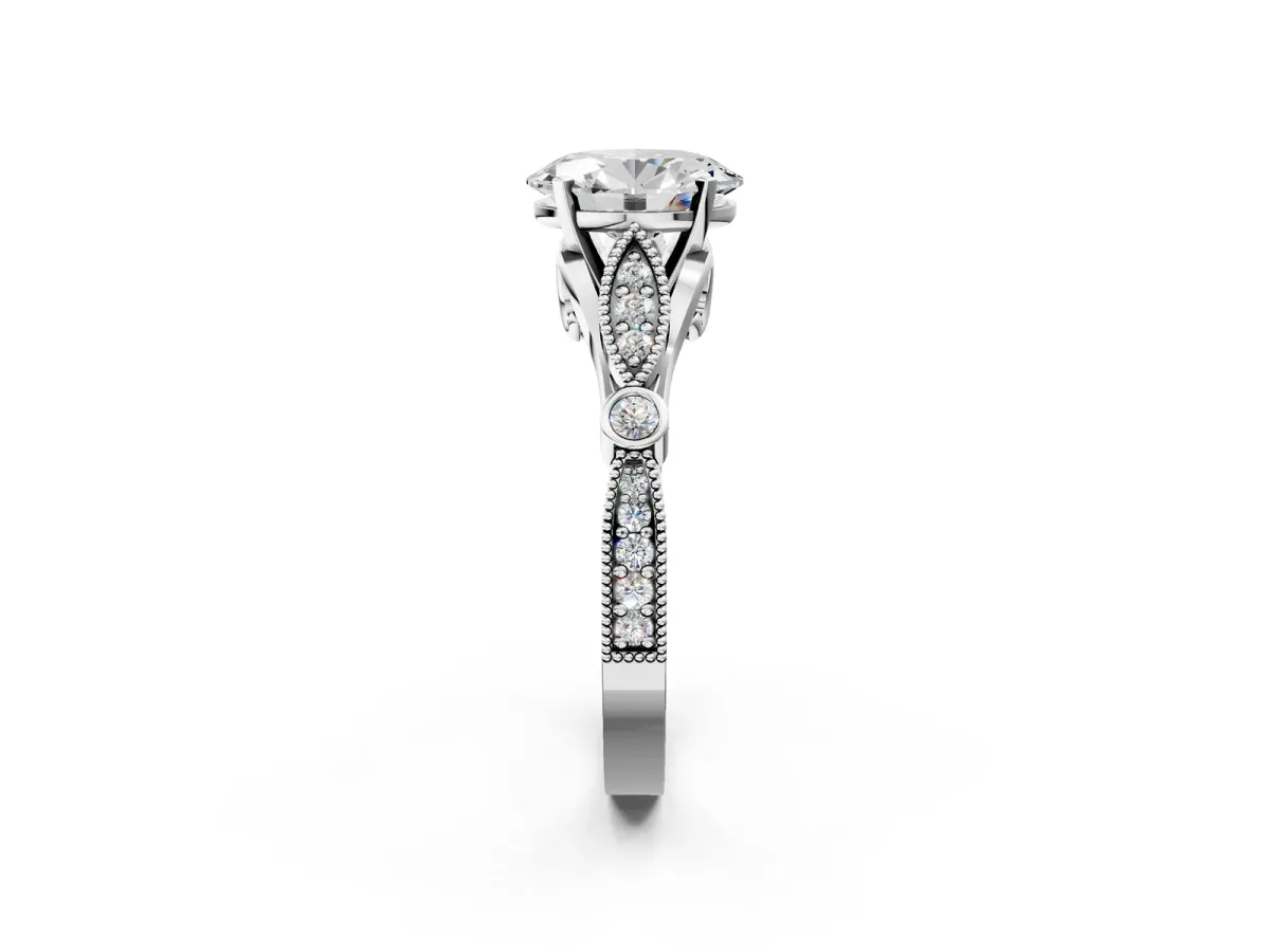 Oval Cut Cut Diamond with Milgrain Marquise and Bezel Accents on a Solitaire Band with Prong Setting Silver