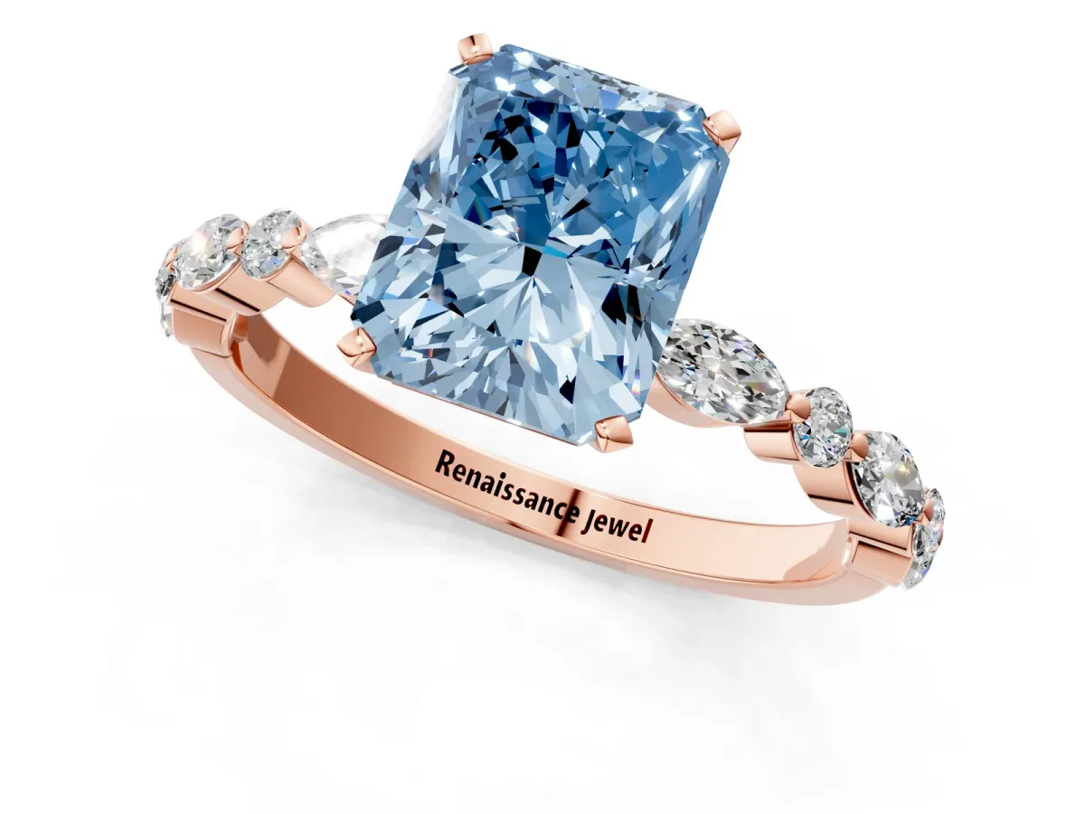 Fancy Blue Radiant Cut Diamond Ring with Marquise and Round Side Stones and Four-Prong Setting Rose gold