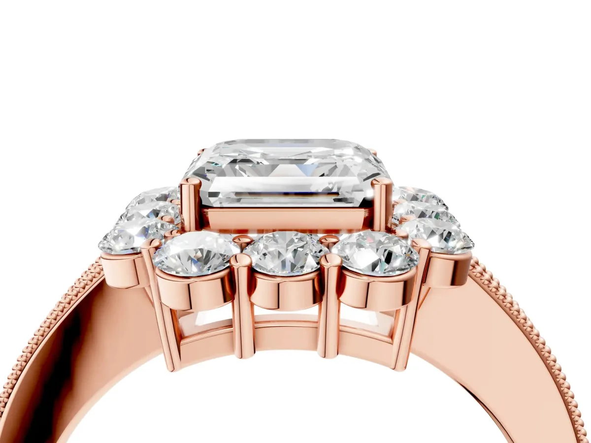 Asscher Cut Cut Halo Diamond Pavé Engagement Ring with Milgrain Detailing Rose gold